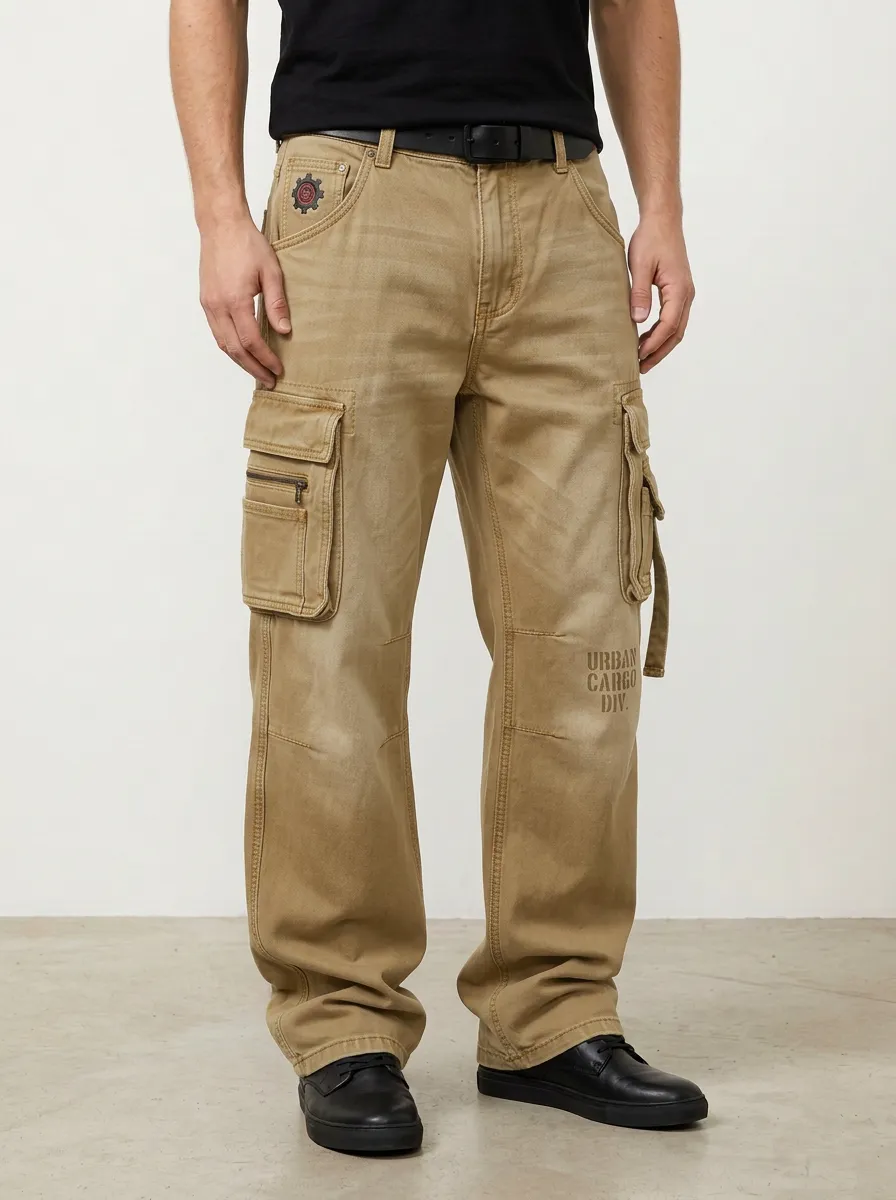 Men's Washed Black Patchwork Multi-Pocket Straight-Leg Denim Cargo Pants