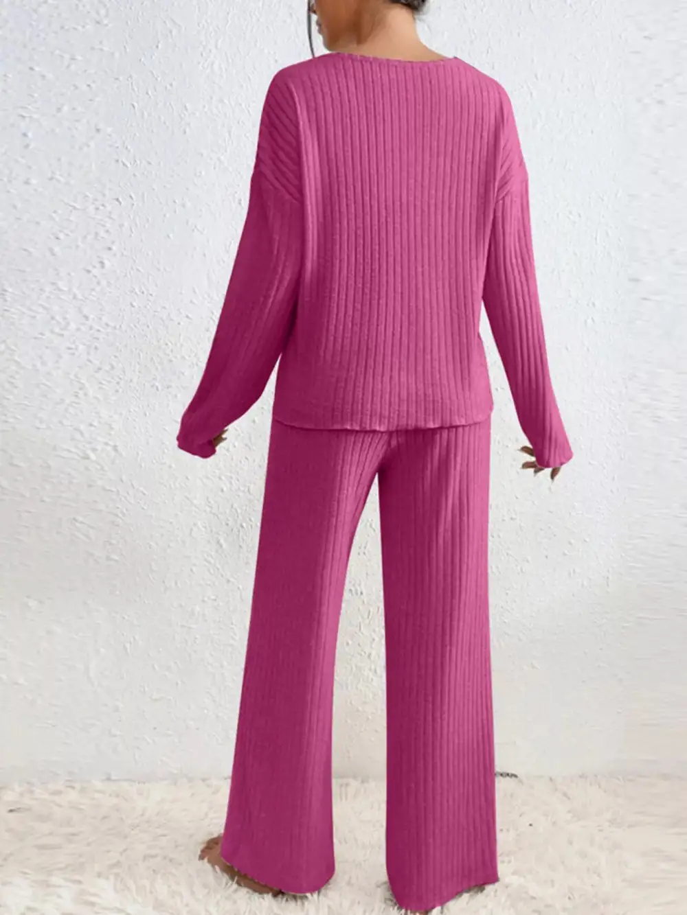 Ribbed Knit V Neck Top and Pants Set