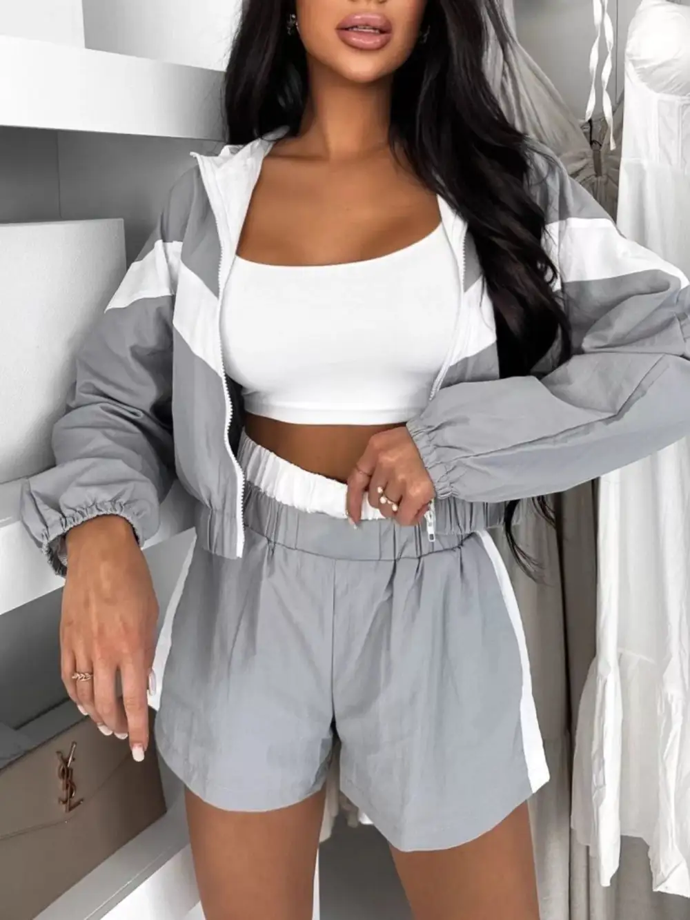 Zip-Detail Pocketed Top and Shorts Matching Set