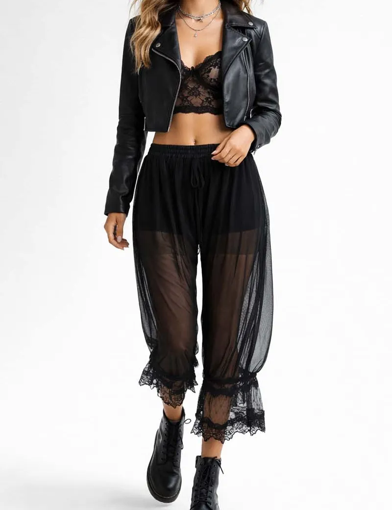 Sheer Lace Trim Bloomer Drawstring Waist Capri Pants