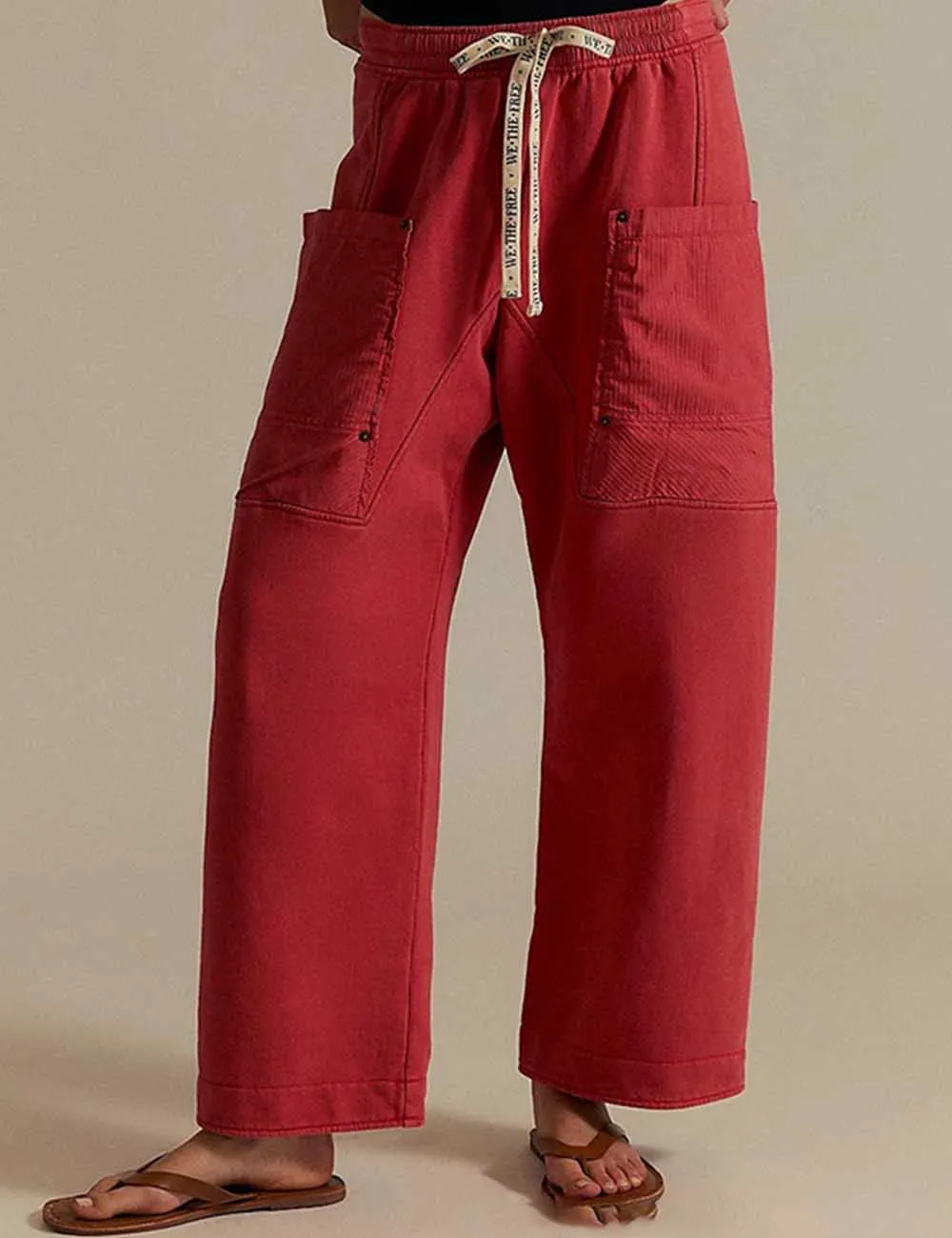 Elastic Waist Drawstring Pocket Straight Leg Denim Pants