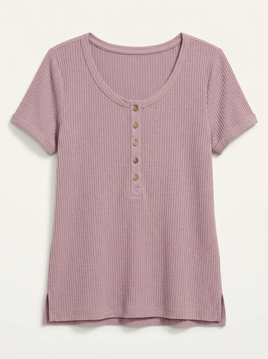 Women's Mauve Waffle-Knit Henley T-Shirt