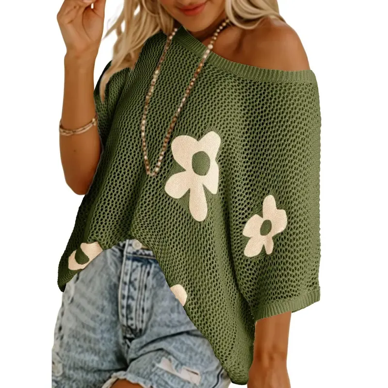 Women's Floral Short-Sleeve Crochet Top