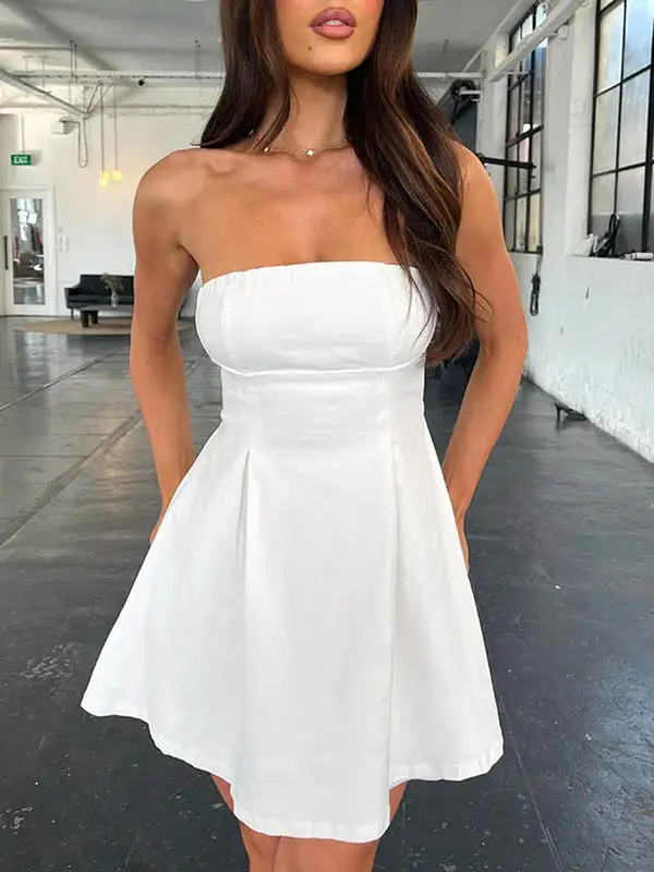 A Line Relaxed Backless Pleated Solid Color Split Joint Tied Tube
