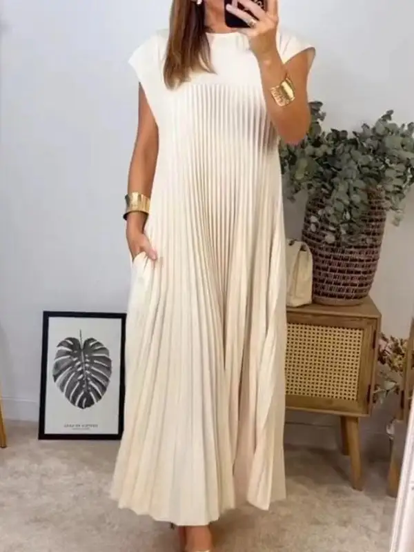 High Color Pleated Neck Maxi Dress