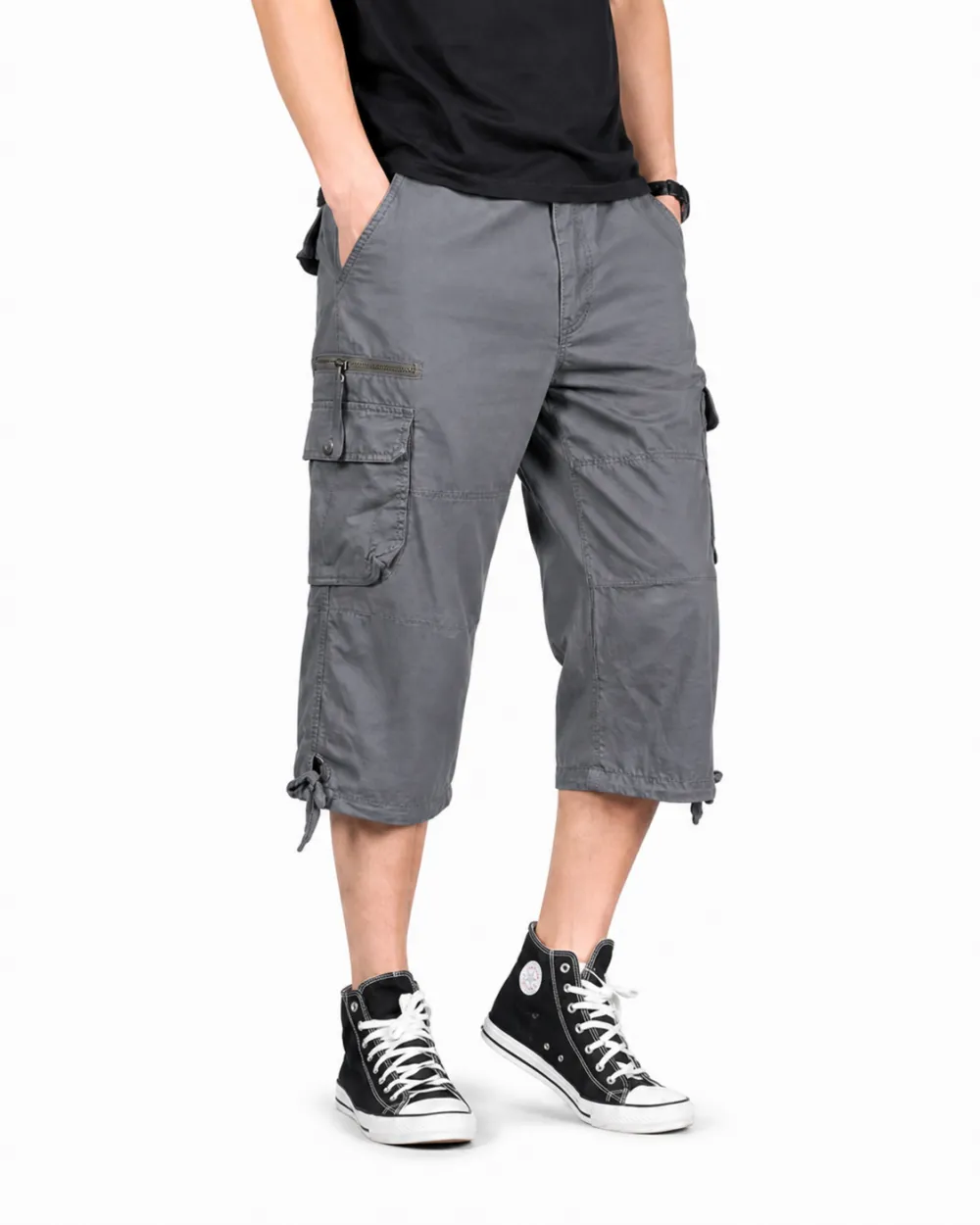 Men's Cropped Cargo Capri Pants with Utility Pockets and Drawstring Hem