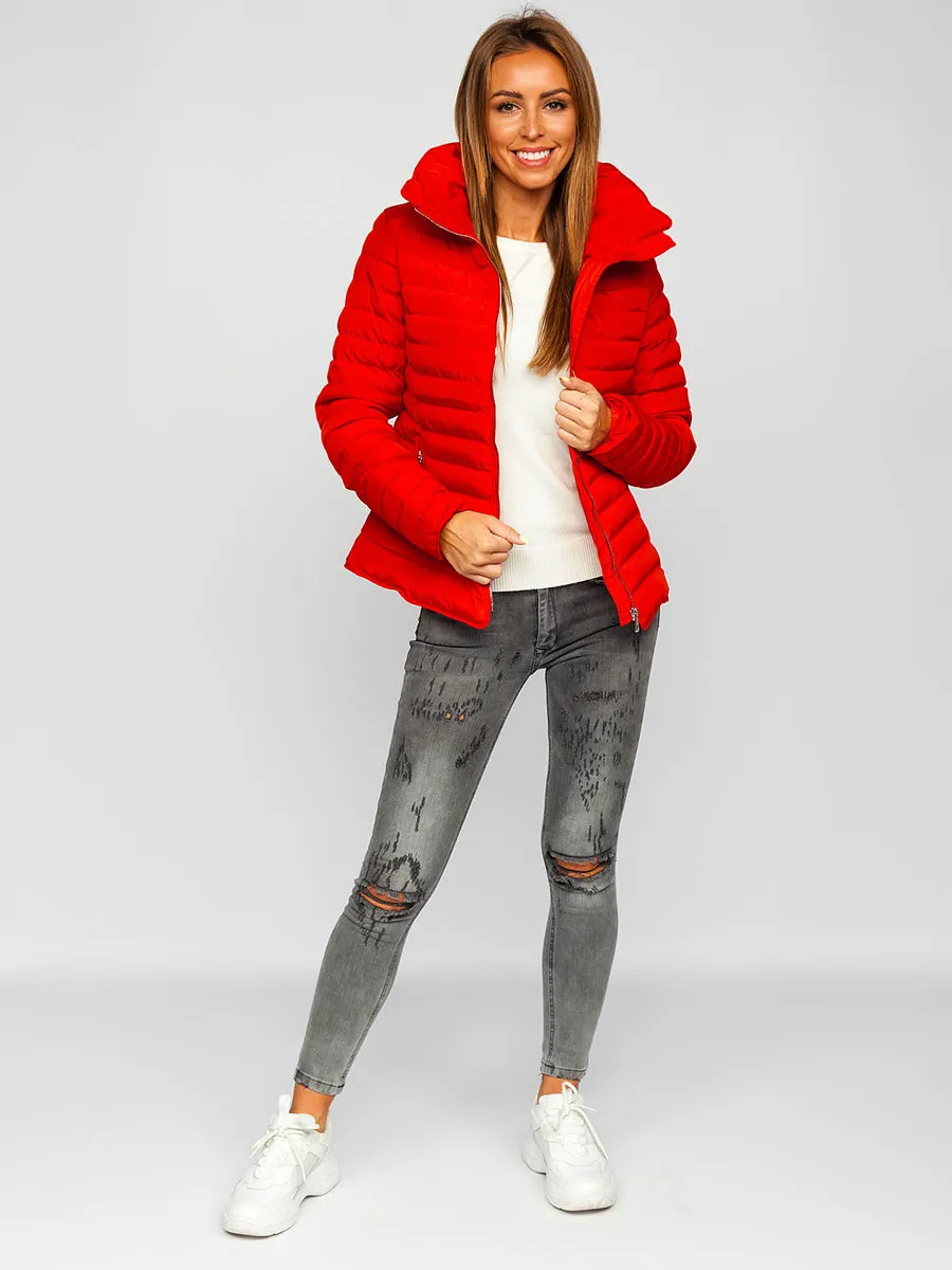 women's red quilted winter jacket without hood