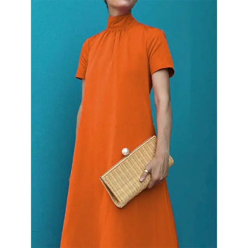 Tailored Cotton Blend High Neck Loose Maxi Dress