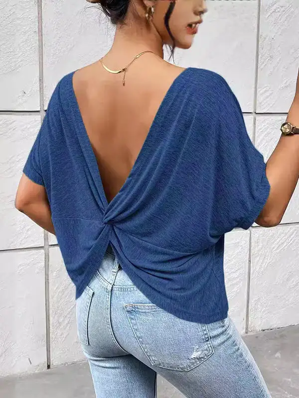 Batwing Sleeve Relaxed Backless Pleat Detail Panel Detail Round Neck T-Shirt