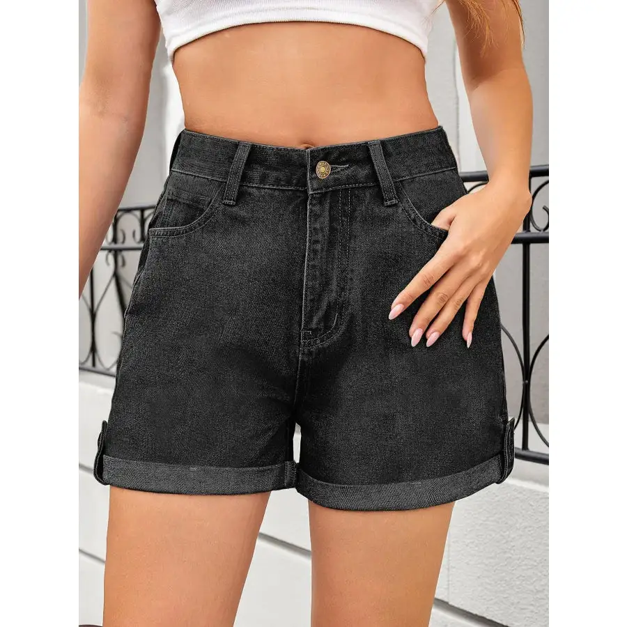 Buttoned Rolled Hem High Waist Pocketed Shorts
