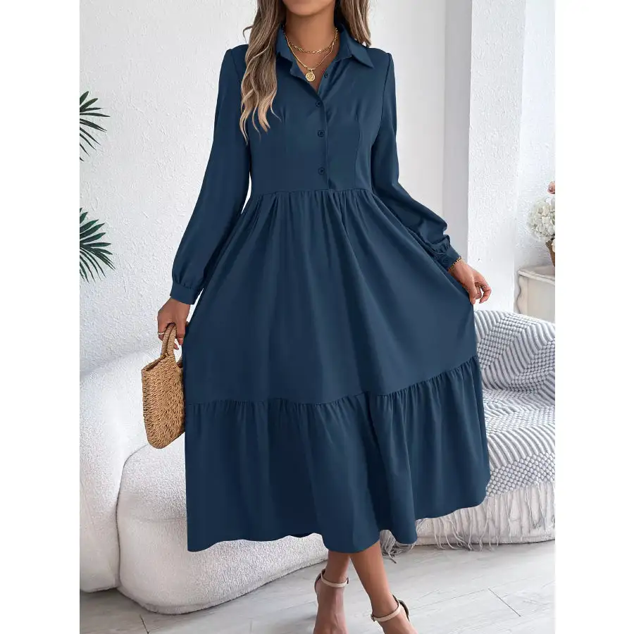 Long Sleeve Tiered Button Front Midi Dress