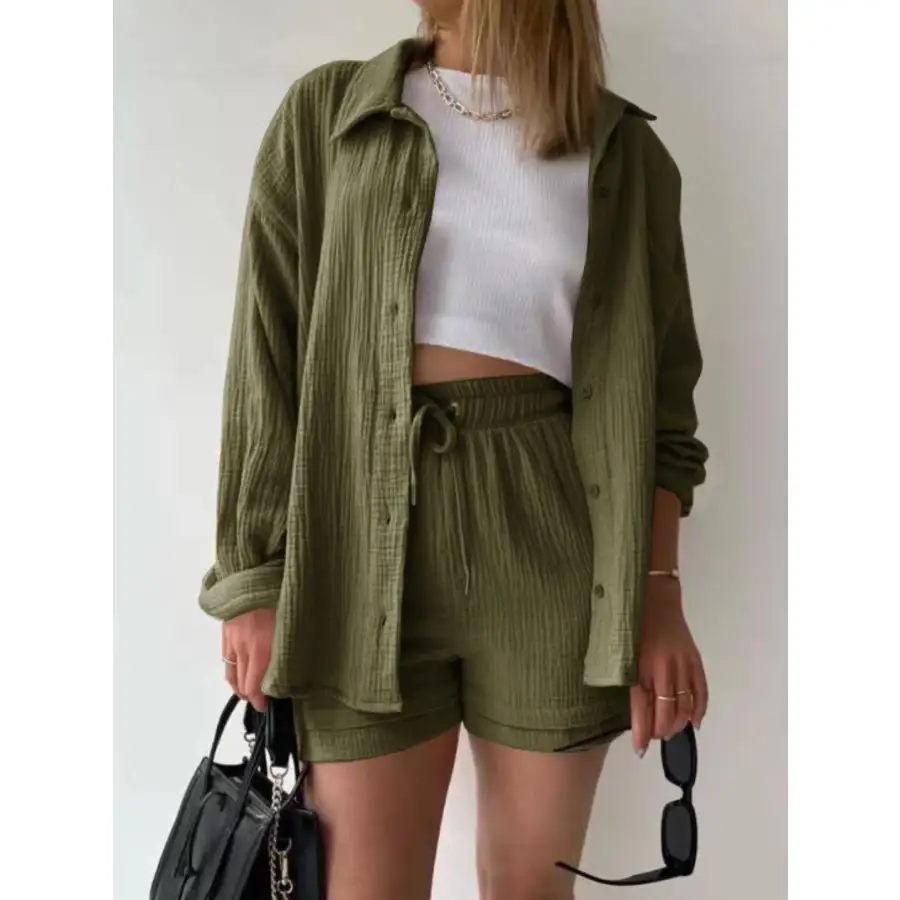 Textured Button Up Shirt and Shorts Set