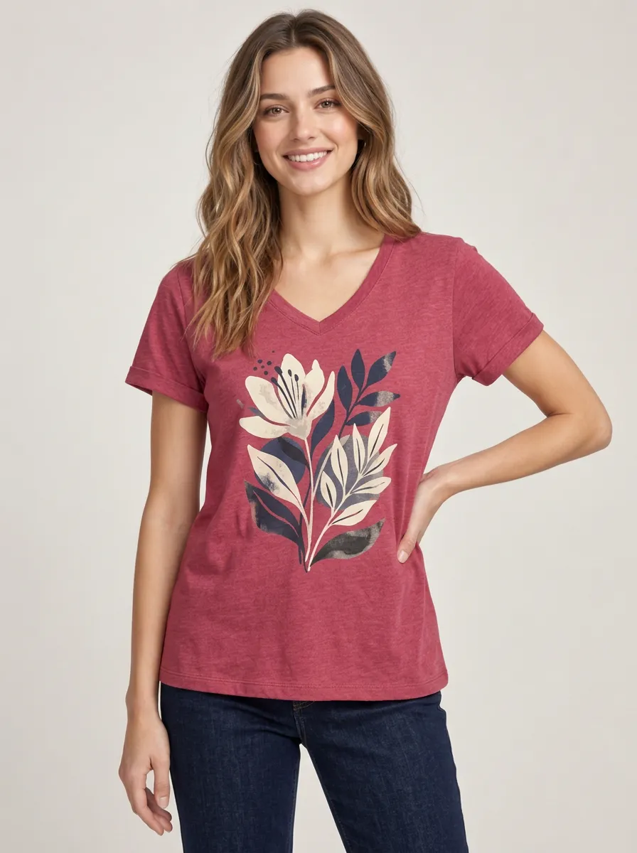 Everyday Women's Botanical Floral V-Neck Graphic Tee