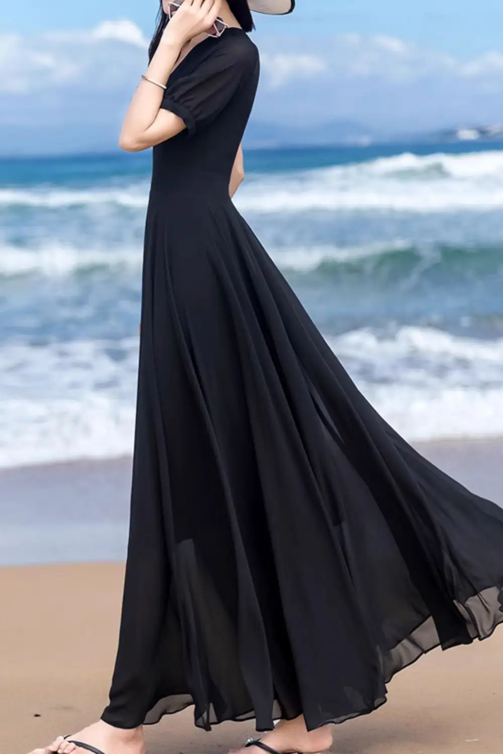 Refined Chiffon Fit And Flare V Neck Short Sleeve Maxi Dress