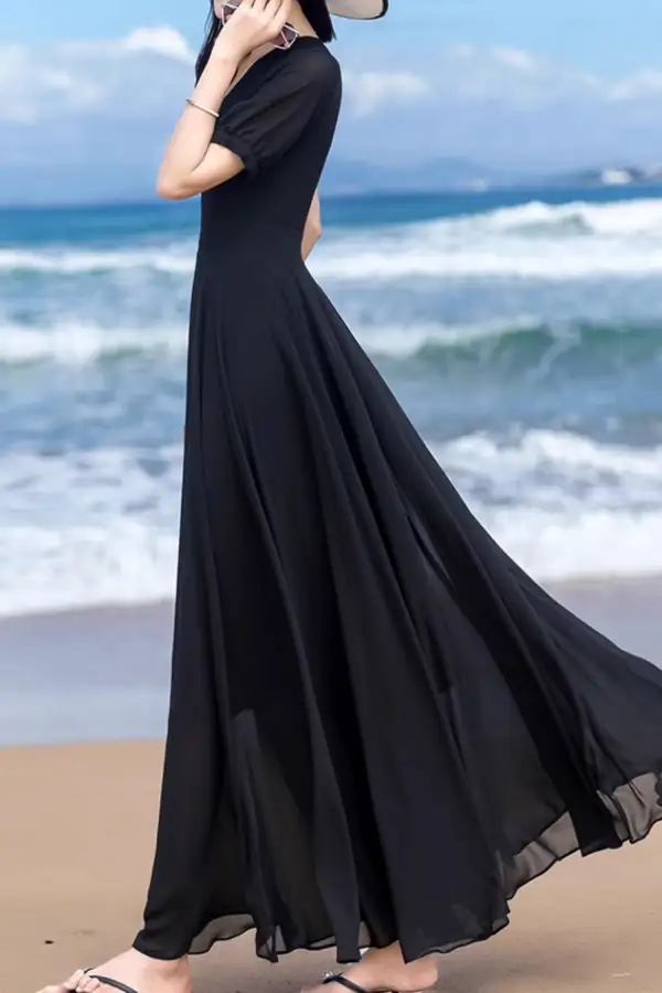 Refined Chiffon Fit And Flare V Neck Short Sleeve Maxi Dress