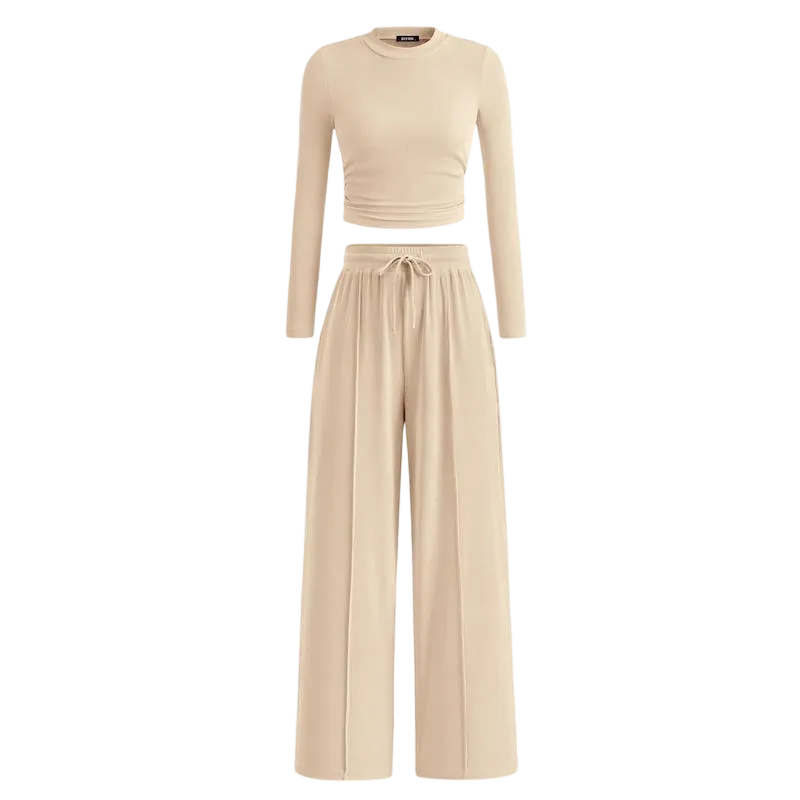 Long-Sleeve Top and Wide-Leg Pants Casual Homewear Set