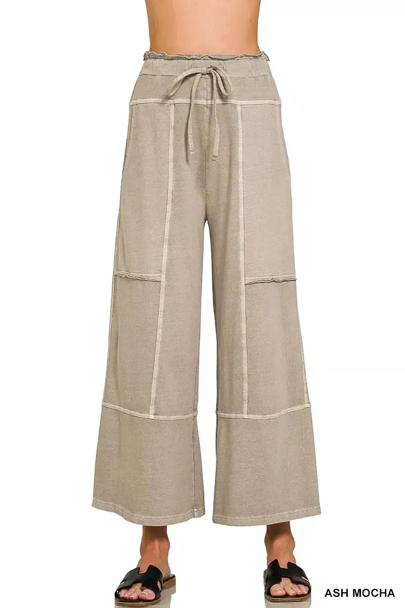 French Terry Washed Exposed Seam Wide Leg Pants