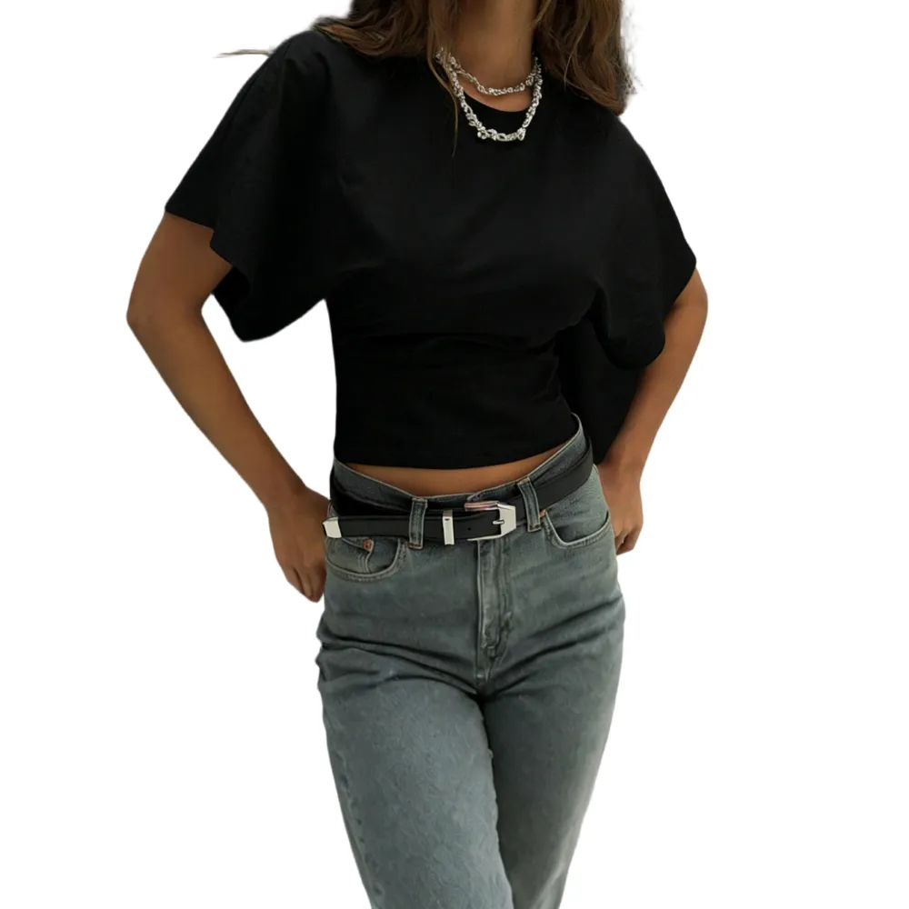Women's Solid Color Crop Tee, Casual Half Sleeve Round Neck T-shirt