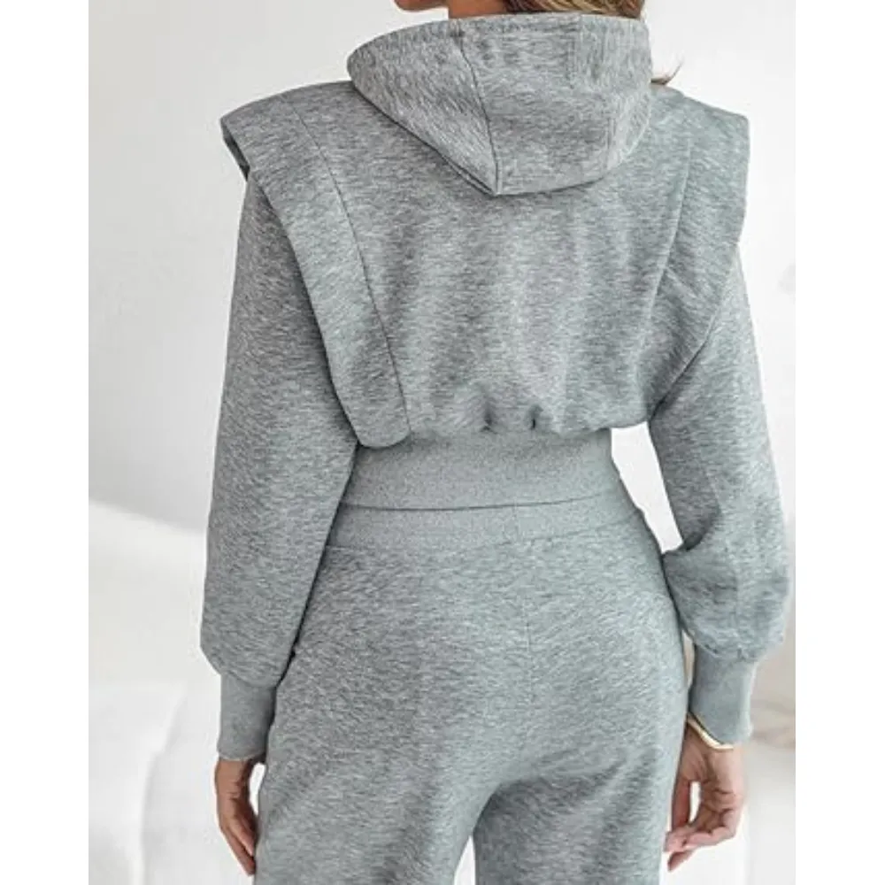 Hooded Long Sleeve Sweatshirt and Casual Wide Leg Sweatpants Set