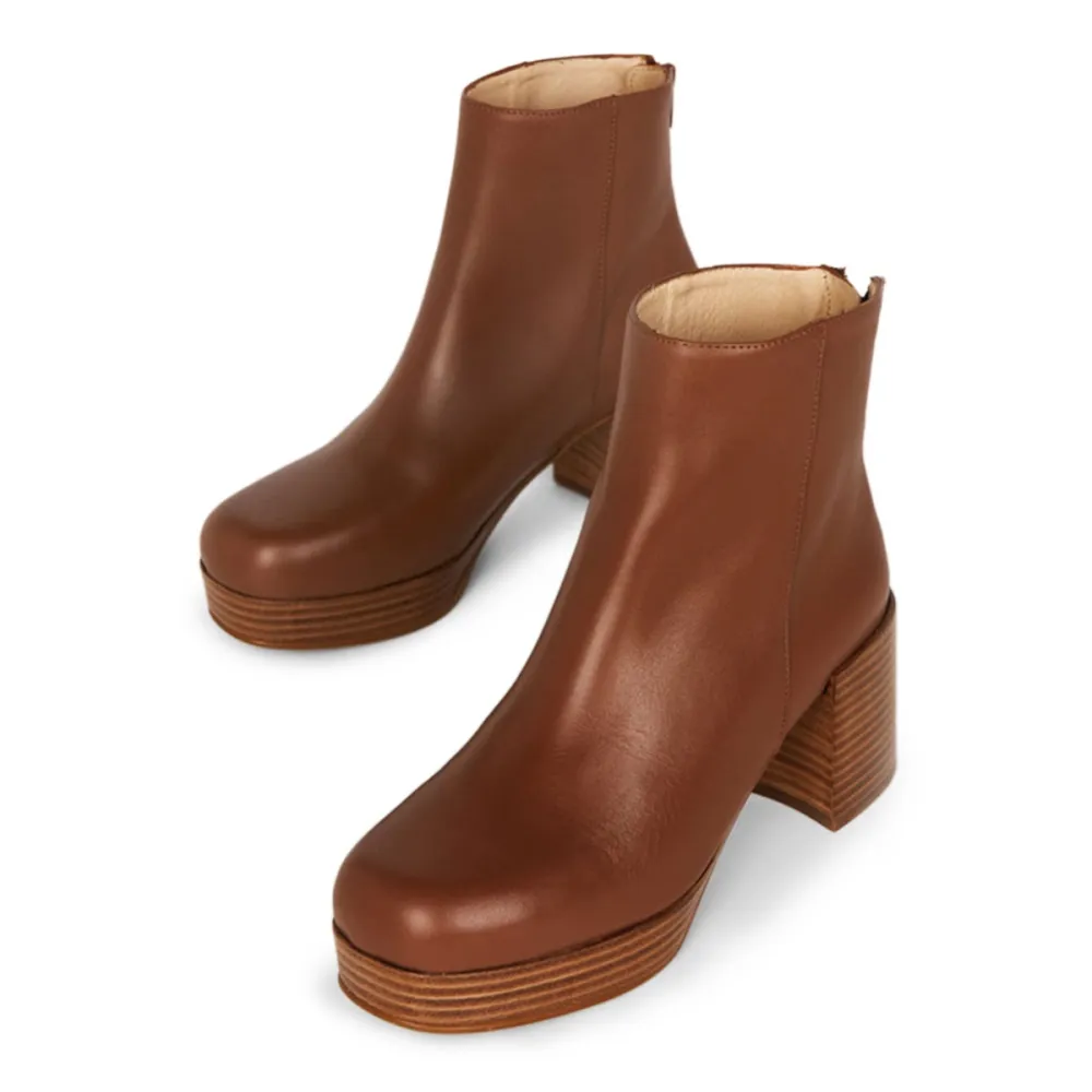 Faux-Leather Zip-Up Round-Toe Chunky-Heel Ankle Boots