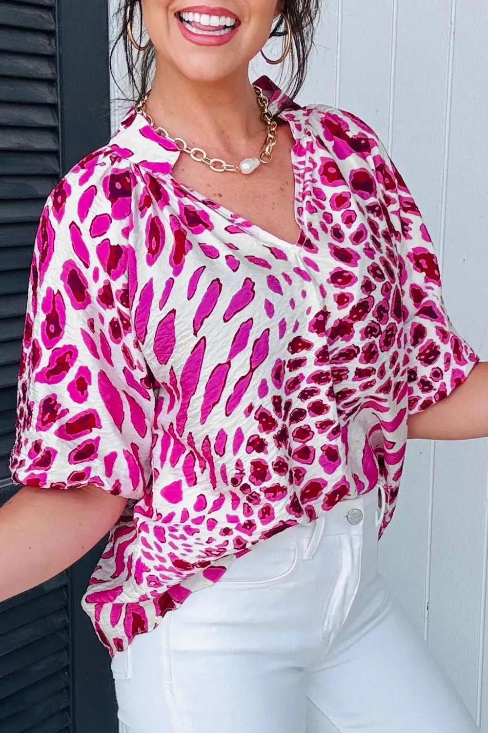 Leopard Print V Neck Puffy Half Sleeve