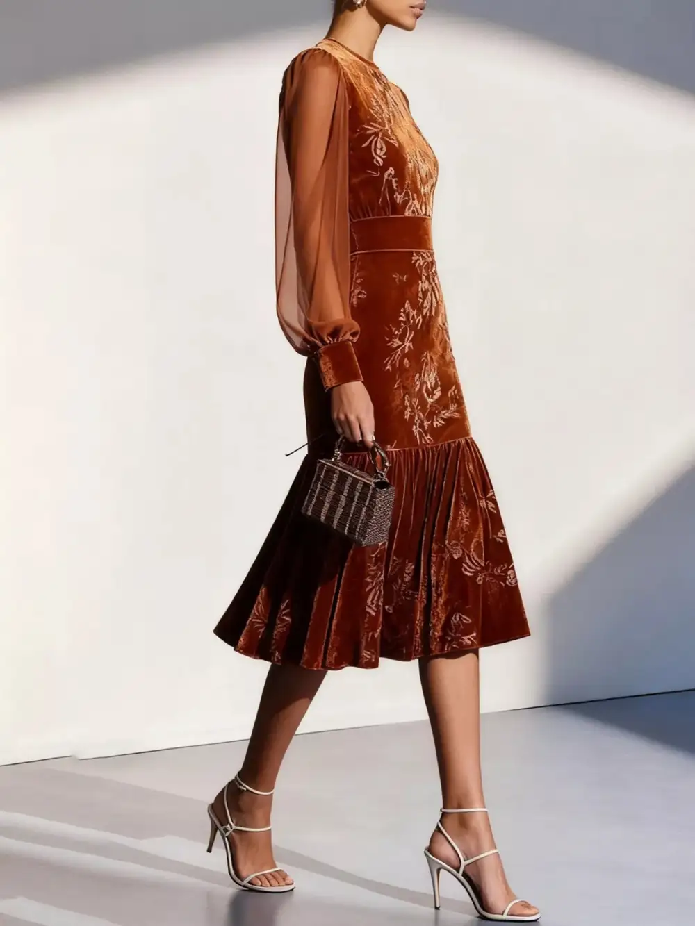 Floral Velvet Lantern Sleeve Midi Dress