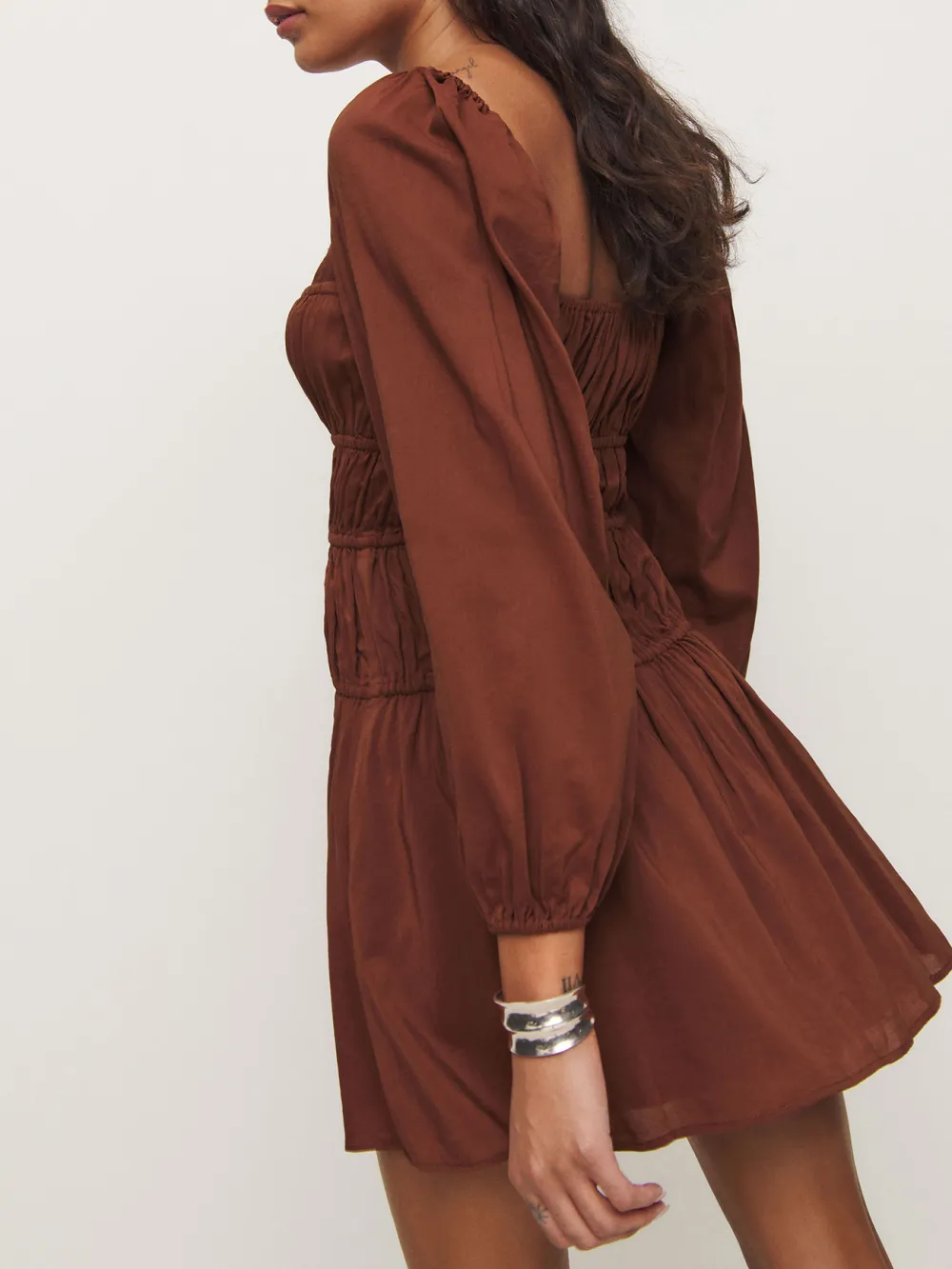 Square Neck Puff Sleeve Ruched Mini Dress