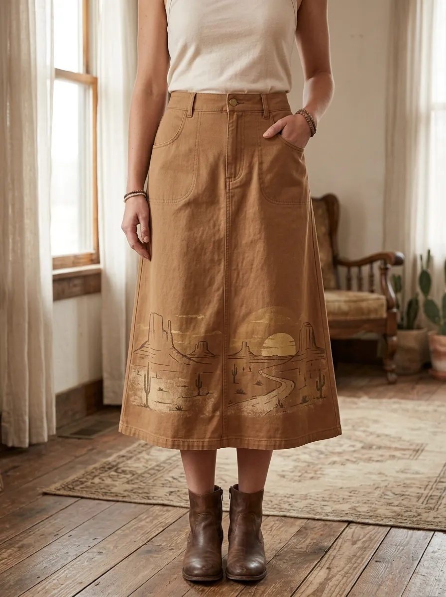 Women's Western Desert Lover Cactus Sunset Printed Midi Skirt