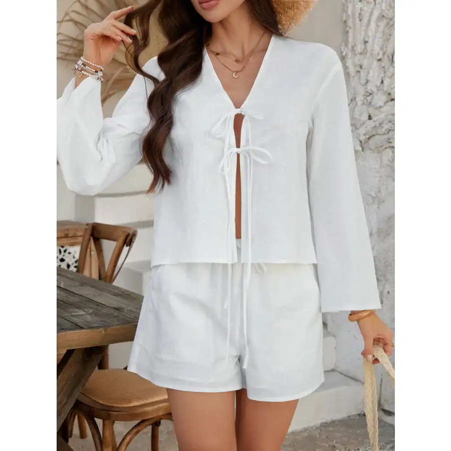Double Tied V Neck Top and Shorts Set