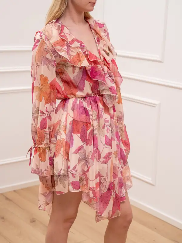 Ruffled V‑Neck Floral Print Long‑Sleeve Dress