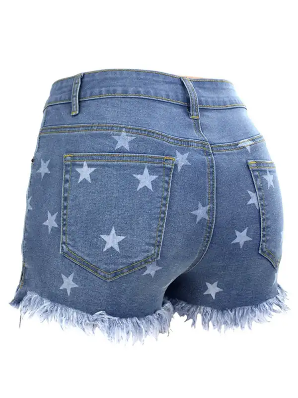 Fringe Pentagram Print High Waist Shorts Denim Pants