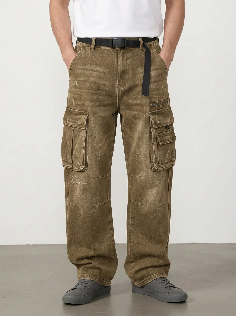 Men's Washed Black Graphic Detail Webbing Belt Straight-Leg Denim Cargo Pants
