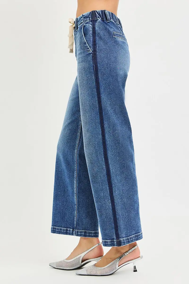 High Rise Drawstring Elastic Waist Wide Leg Jeans