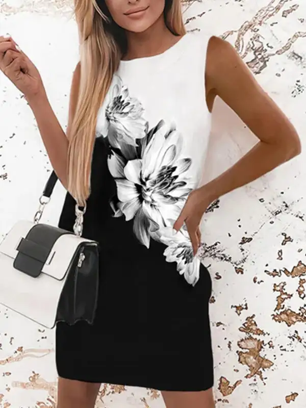 Relaxed Sleeveless Flower Print Round Neck Mini Dress