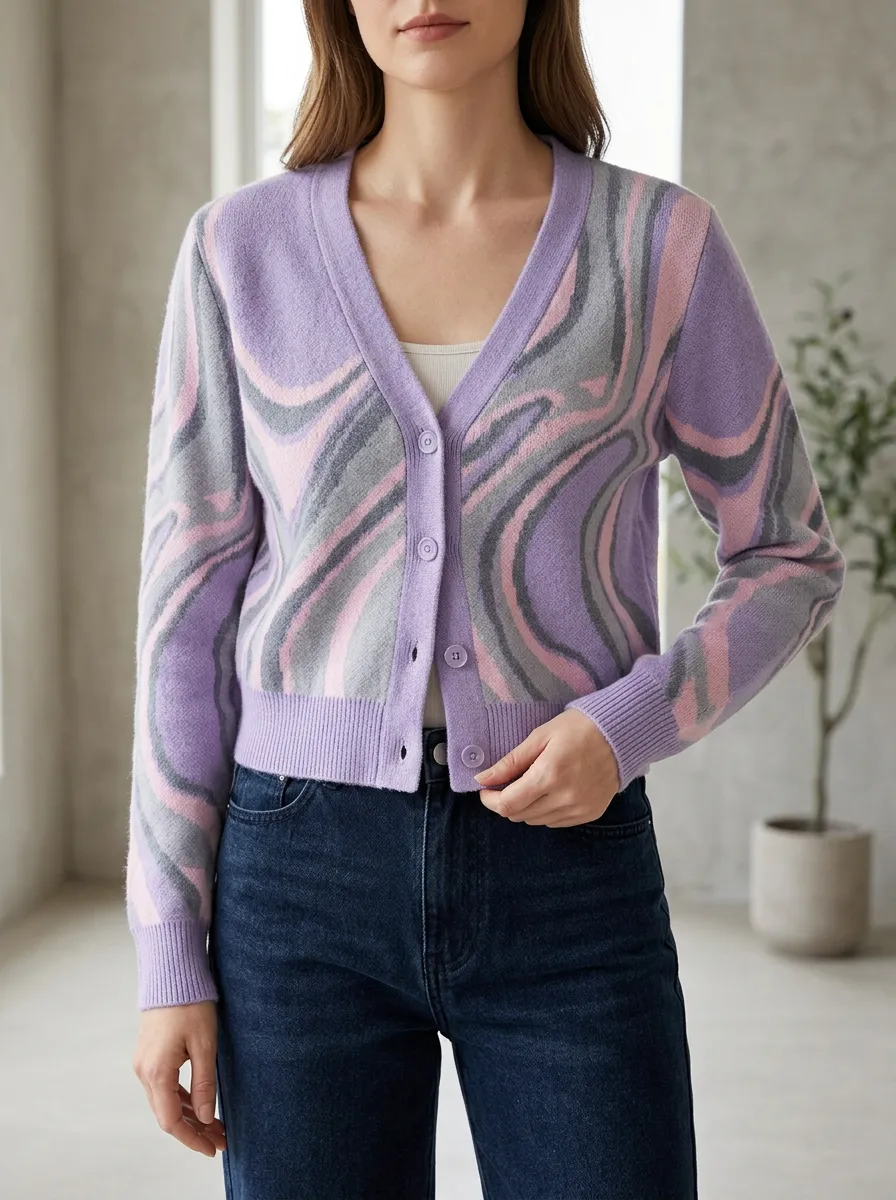 Women's Purple Pink Swirl Pattern Printed Cardigan