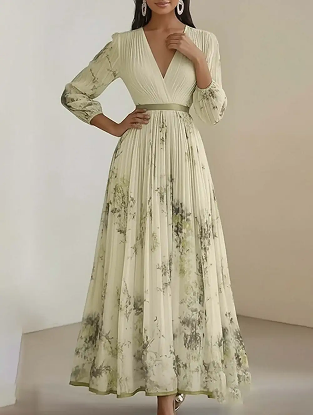 V-Neck Pleated Printed Slim Maxi Dress