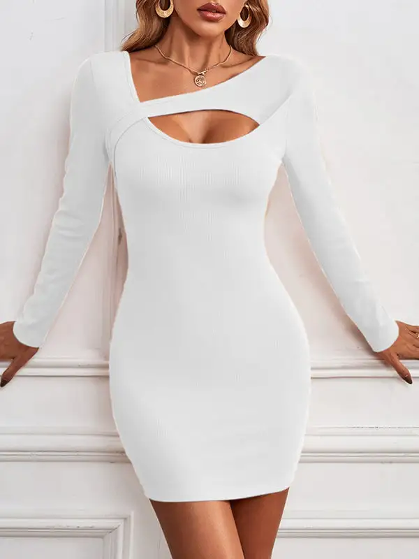 Bodycon Long Sleeve Asymmetric Hollow Solid Color Asymmetric Collar Mini Dress