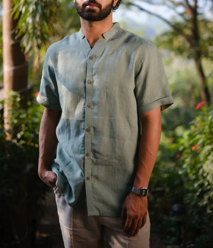 Sage Green Relaxed Linen V-Neck Shirt
