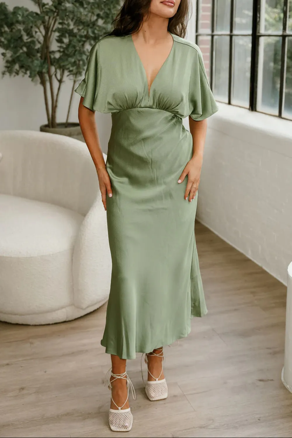 V-Neck Short Sleeve Satin Dress