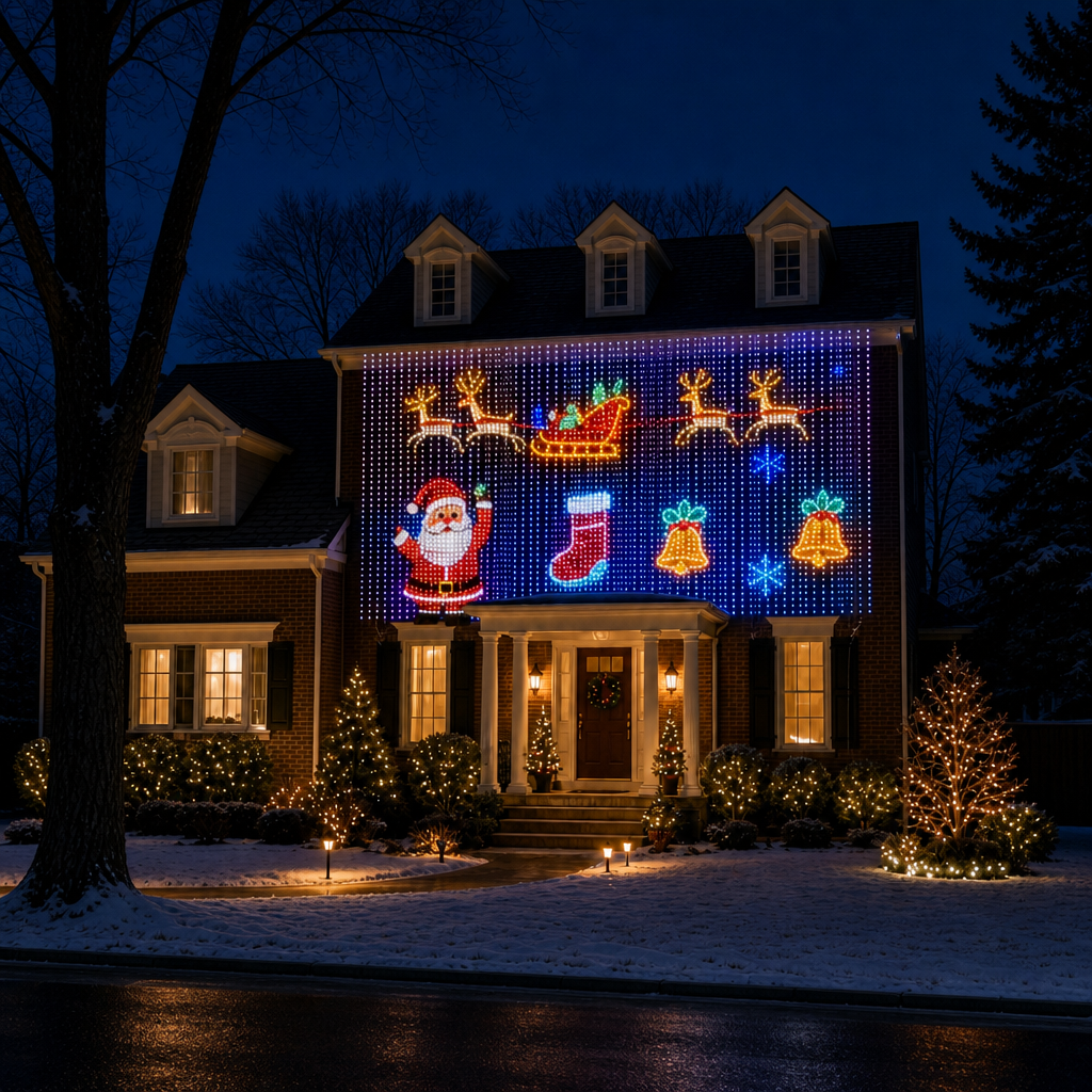 Decorative curtain-light arrangement across a house exterior