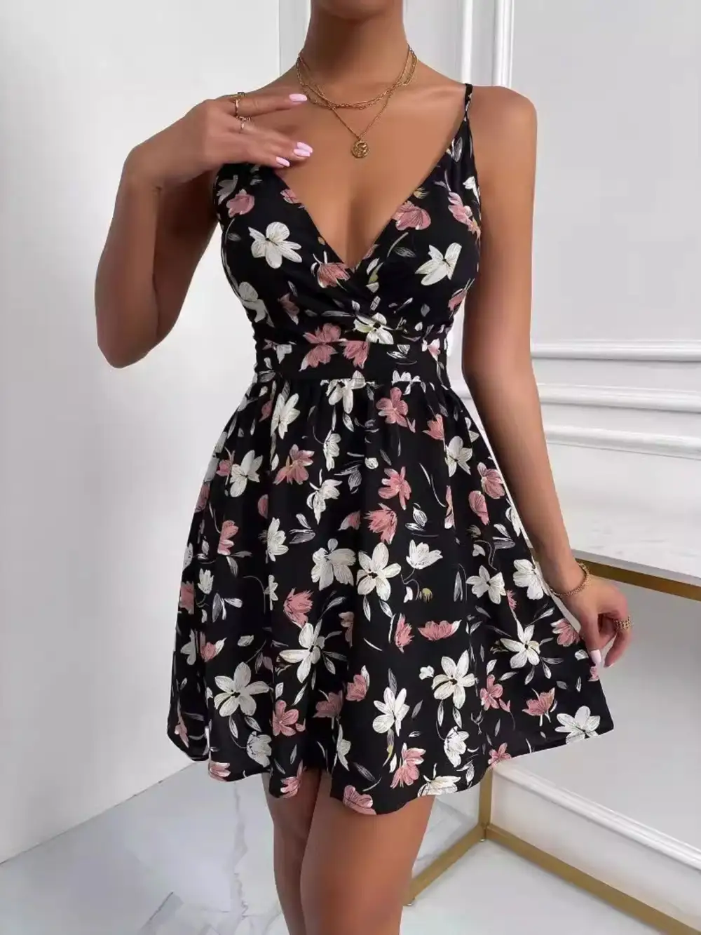 Print V-neck Spaghetti Strap Mini Dress