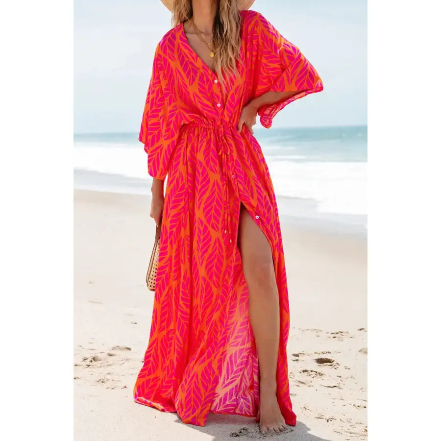 Drawstring Printed V Neck Maxi Dress