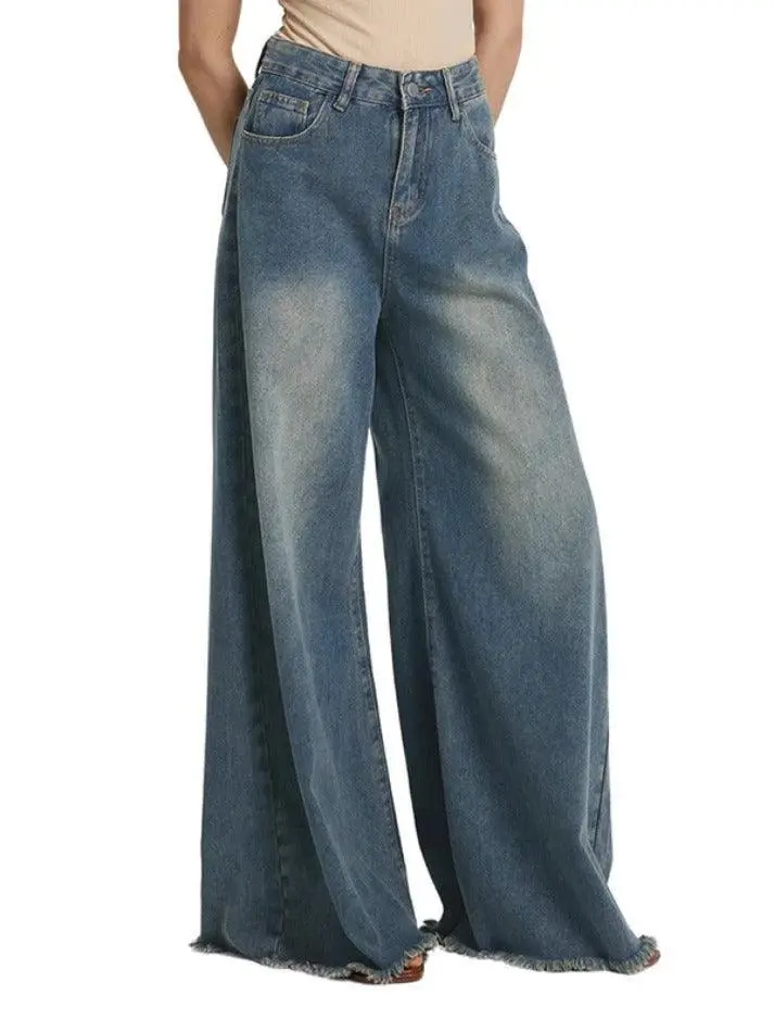 Vintage Frayed Wide Leg Boyfriend Jeans