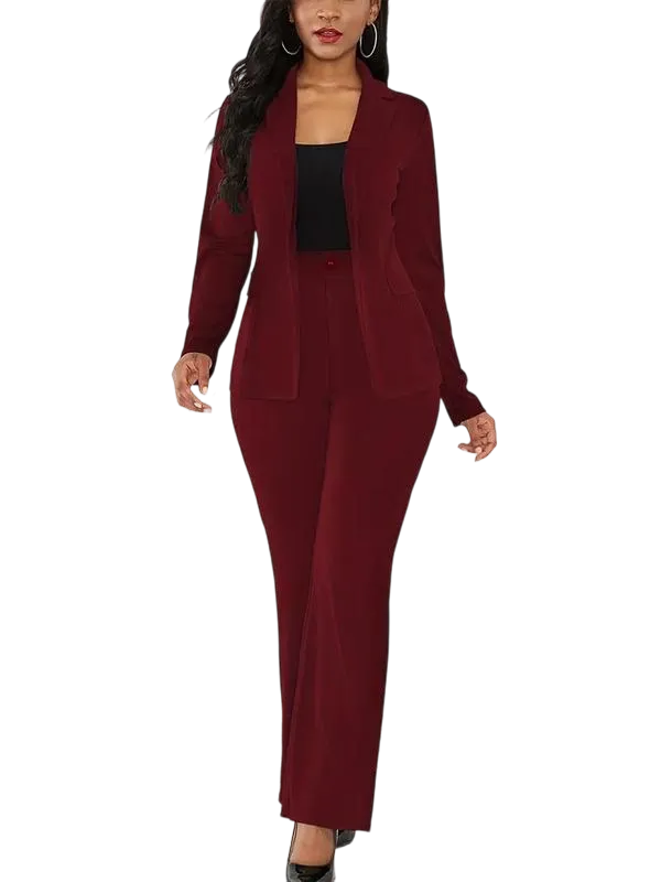 Women's Basic Plain Button Lapel Neck Blazer & Suit Pants