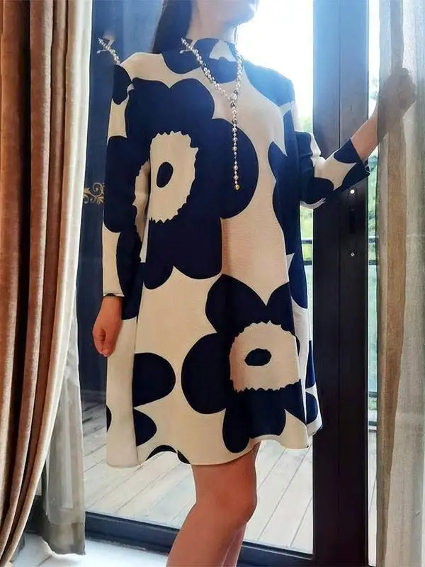 Long Sleeve Relaxed Flower Print Pleated Mock Neck Mini Dress