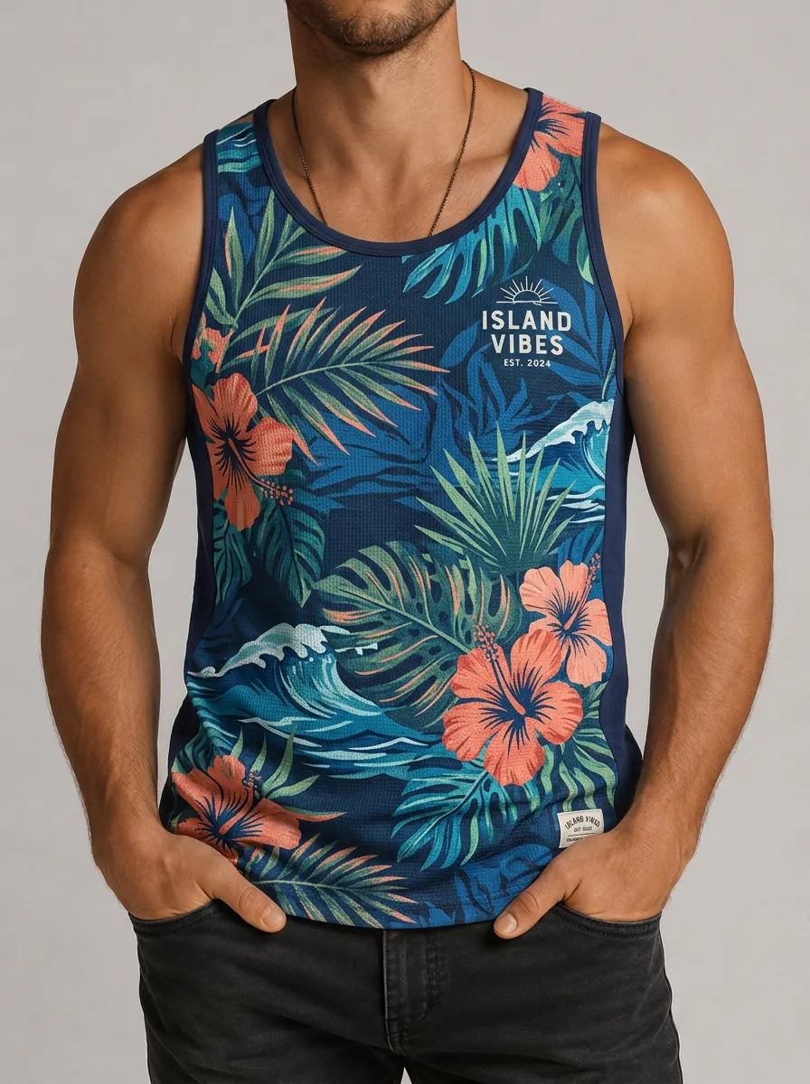 Men's Island Vibes Tropical Hibiscus Wave Printed Tank Top