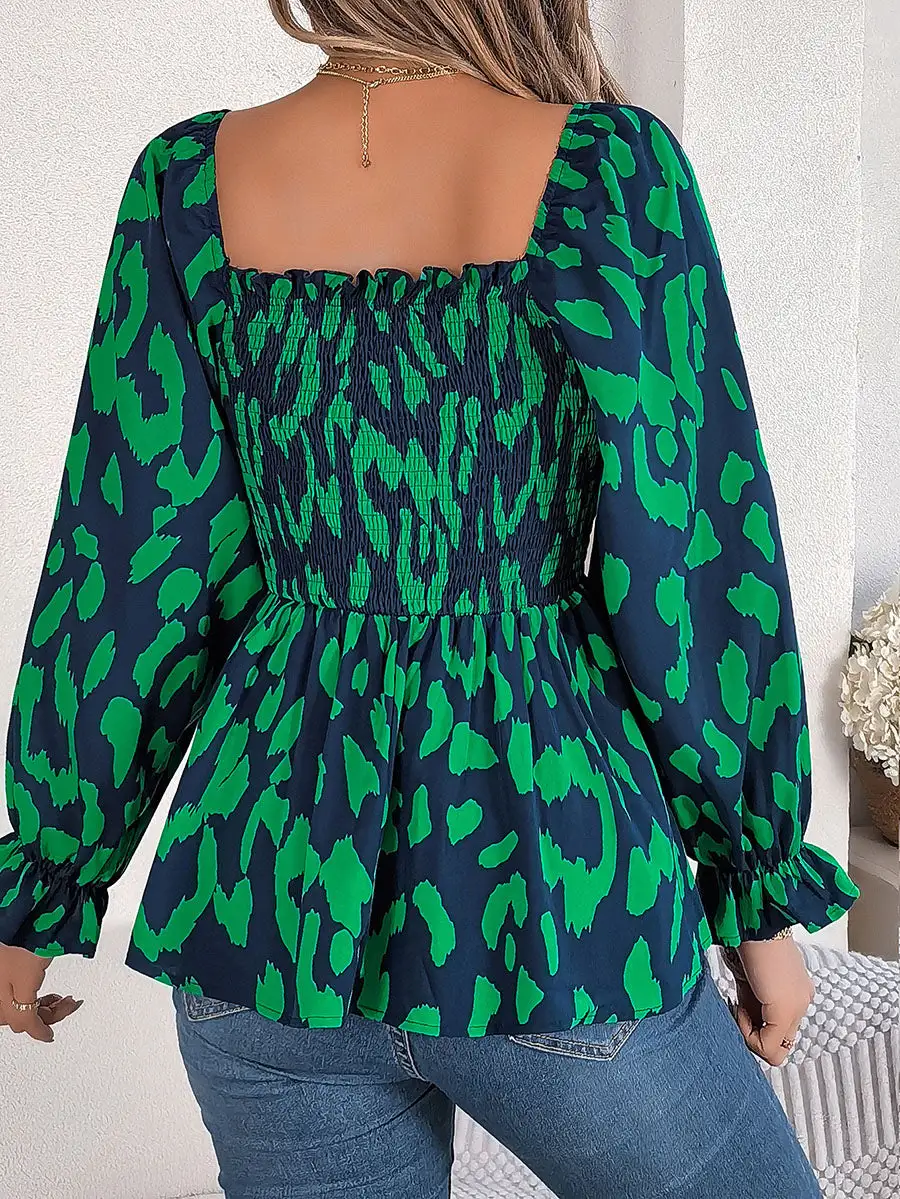 Long Sleeve Puff Sleeve Leopard Pleat Detail Ruffle Square Neck T-Shirt