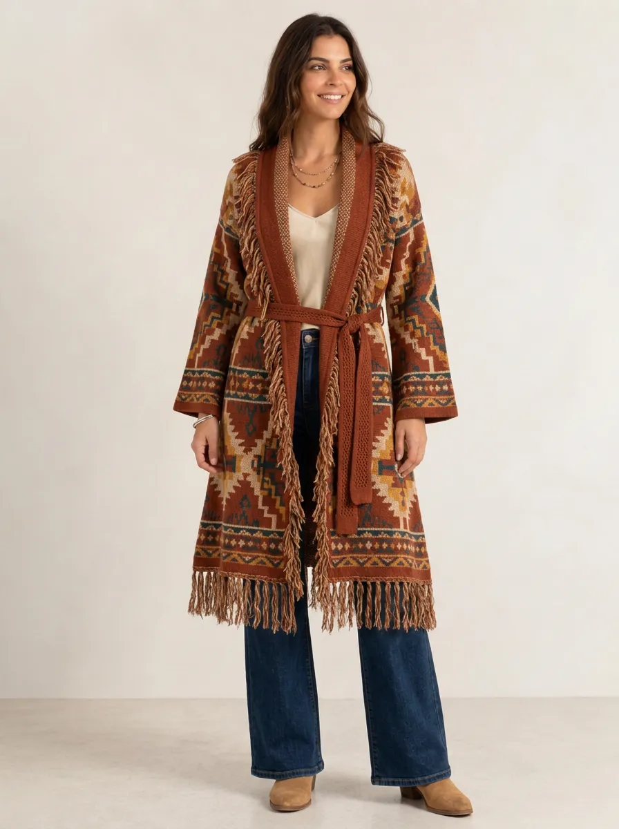 Women's Rust Geometric Pattern Fringe Cardigan Longline