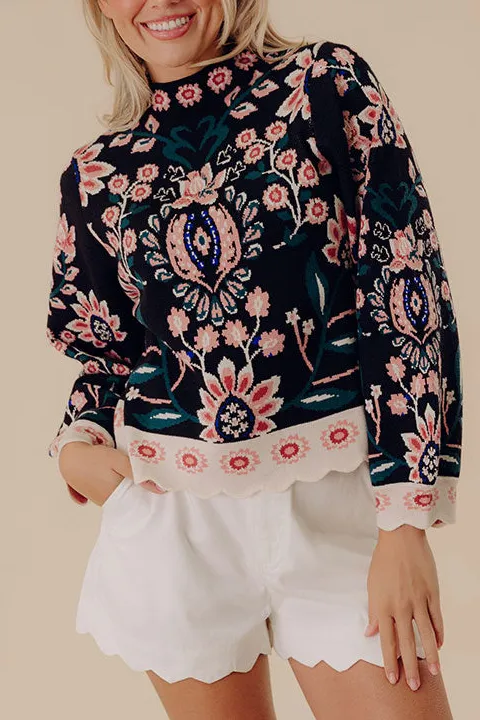 Classic Blooms Floral Knit Sweater Top In Black
