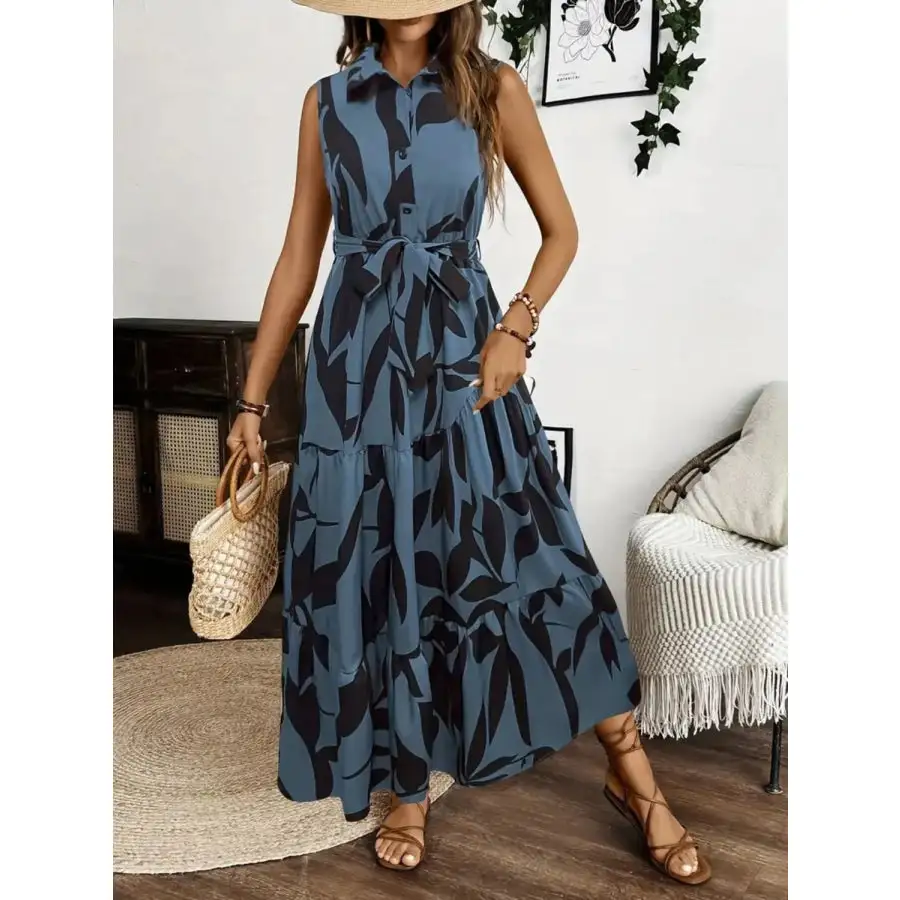 Printed Tie Waist Sleeveless Maxi Dress